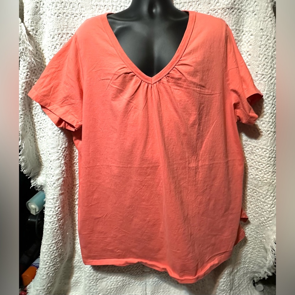 Woman Within Coral Short Sleeve V-Neck Cotton Top - Plus Size
